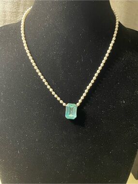 Pearl Beaded Necklace with Emerald-Cut Aqua Pendant